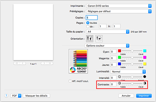 figure&nbsp;: Contraste des options de couleur dans la boîte de dialogue Imprimer
