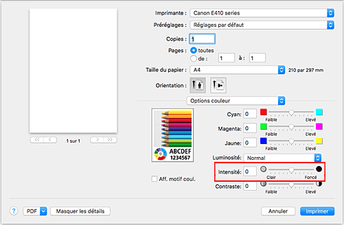 figure&nbsp;: Intensité des options de couleur dans la boîte de dialogue Imprimer