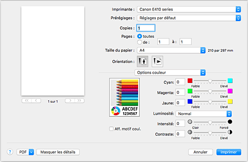 figure&nbsp;:&nbsp;Options couleur dans la boîte de dialogue Imprimer