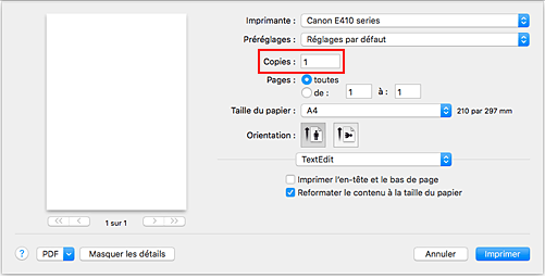 figure&nbsp;: Copies dans la boîte de dialogue Imprimer
