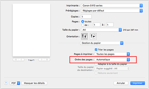 figure&nbsp;:&nbsp;Sélectionnez Automatique dans Ordre des pages pour Gestion du papier dans la boîte de dialogue Imprimer.