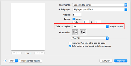 figure&nbsp;:&nbsp;Taille du papier dans la boîte de dialogue Imprimer