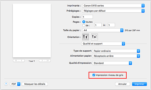 figure&nbsp;:&nbsp;Impression niveau de gris pour Qualité et support dans la boîte de dialogue Imprimer