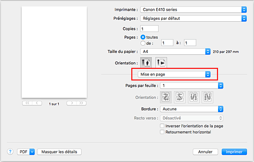 figure&nbsp;:&nbsp;Mise en page dans la boîte de dialogue Imprimer