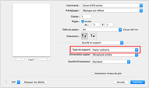 figure&nbsp;:&nbsp;Type de support dans Qualité et support de la boîte de dialogue Imprimer