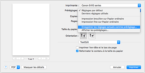 figure&nbsp;: Sélectionnez Enregistrer les paramètres actuels comme préréglages... dans les Préréglages de la boîte de dialogue Imprimer