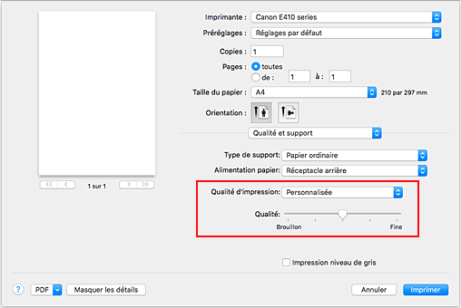 figure&nbsp;:&nbsp;Sélectionnez Personnalisée pour Qualité et support dans la boîte de dialogue Imprimer.