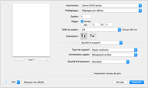 figure&nbsp;:&nbsp;Qualité et support dans la boîte de dialogue Imprimer