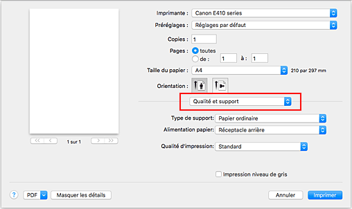 figure&nbsp;:&nbsp;Qualité et support dans la boîte de dialogue Imprimer