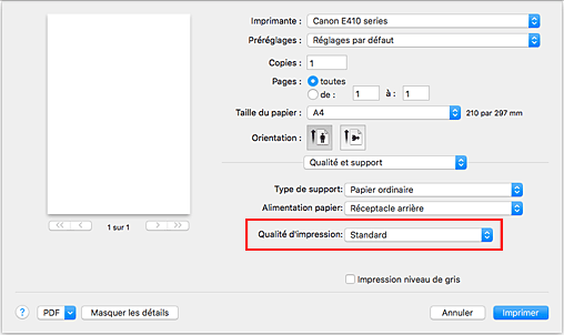 figure&nbsp;:&nbsp;Qualité d'impression dans Qualité et support de la boîte de dialogue Imprimer