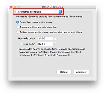 figure&nbsp;: Paramètres silencieux du Canon IJ Printer Utility