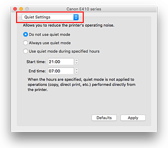 şekil:Canon IJ Printer Utility'de Sessizlik Ayarları