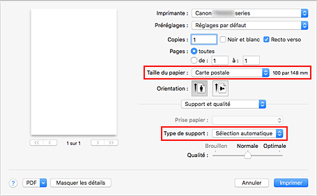 figure : Taille du papier et Type de support dans de la boîte de dialogue Imprimer
