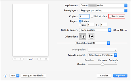 figure : Recto verso dans la boîte de dialogue Imprimer