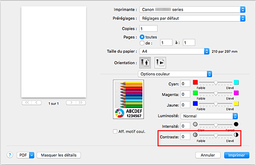 figure : Contraste des options de couleur dans la boîte de dialogue Imprimer