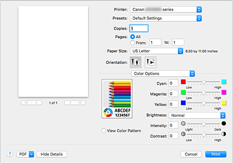 figura:Opções de Cor na caixa de diálogo Imprimir