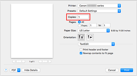 рисунок: пункт "Копии" в диалоговом окне "Печать"