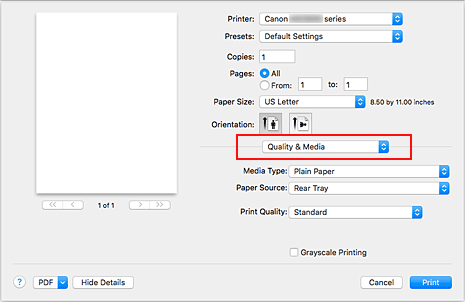рисунок: раздел "Качество и носители" в диалоговом окне "Печать"