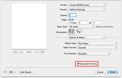 figure:Grayscale Printing of Quality & Media in the Print dialog