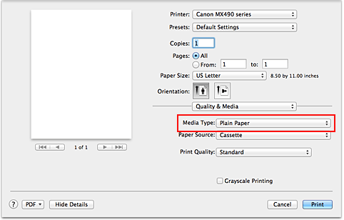 figure:Media Type of Quality & Media in the Print dialog