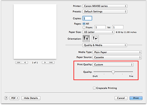 figure:Select Custom from Print Quality of Quality & Media in the Print dialog