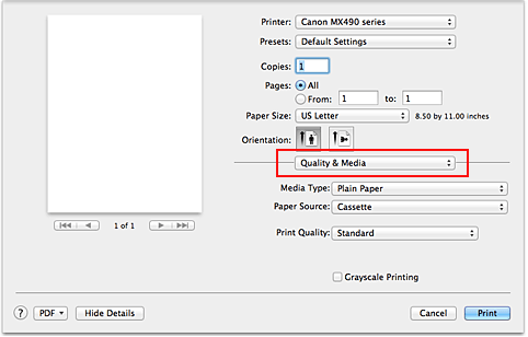 figure:Quality & Media in the Print dialog