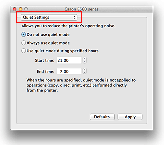 figure:Quiet Settings in the Canon IJ Printer Utility