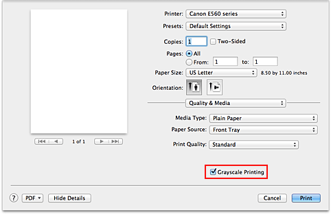 figure:Grayscale Printing of Quality & Media in the Print dialog