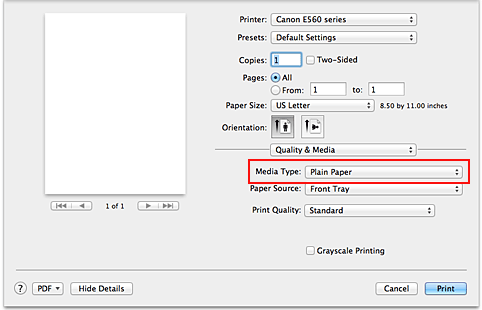 figure:Media Type of Quality & Media in the Print dialog