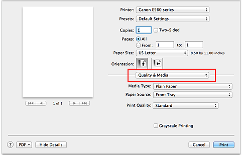 figure:Quality & Media in the Print dialog