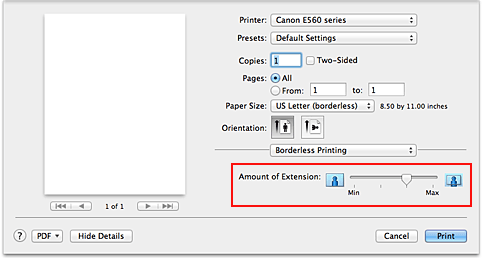 figure:Amount of Extension of Borderless Printing in the Print dialog