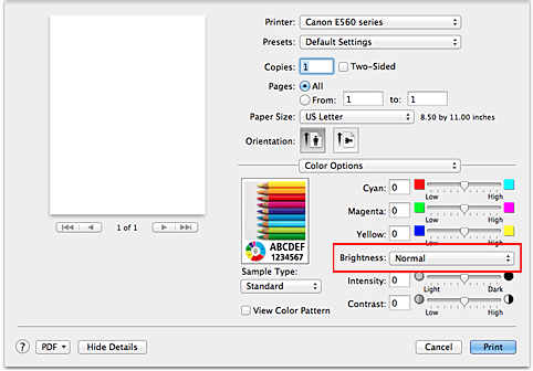 figure:Brightness of Color Options in the Print dialog