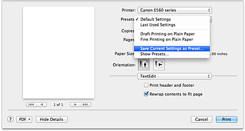 figure:Select Save Current Settings as Preset... from Presets in the Print dialog