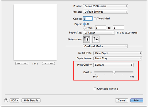 figure:Select Custom from Print Quality of Quality & Media in the Print dialog
