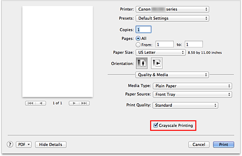 figure:Grayscale Printing of Quality & Media in the Print dialog