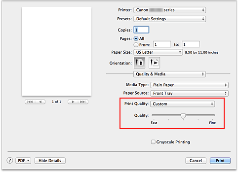 figure:Select Custom from Print Quality of Quality & Media in the Print dialog