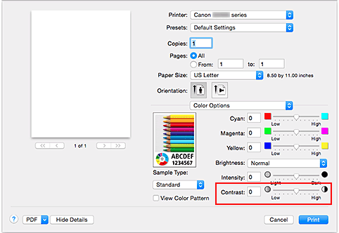 figure:Contrast of Color Options in the Print dialog