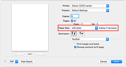 figure:Select XXX (borderless) from Paper Size in the Print dialog