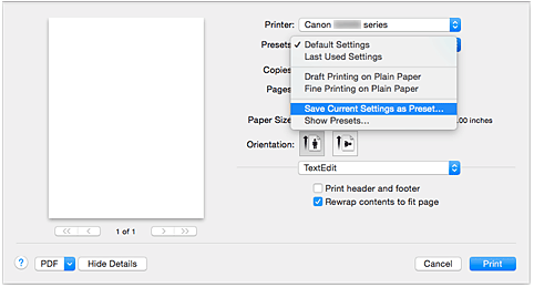 figure:Select Save Current Settings as Preset... from Presets in the Print dialog