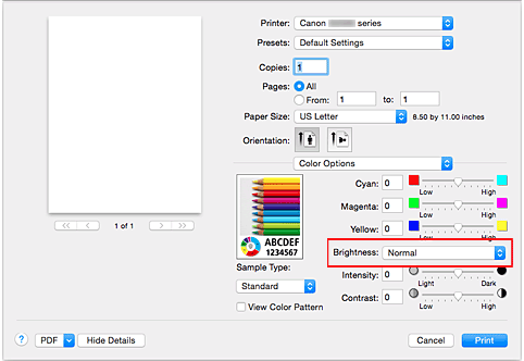 figure : Luminosité des options de couleur dans la boîte de dialogue Imprimer