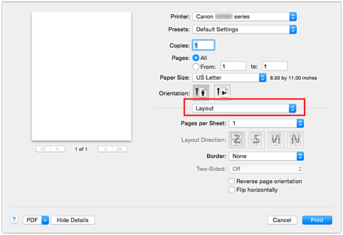 figure : Mise en page dans la boîte de dialogue Imprimer