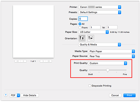 figure : Sélectionnez Personnalisée pour Qualité et support dans la boîte de dialogue Imprimer.