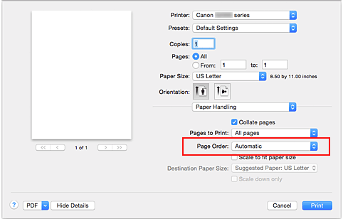figura:Selecione Automático em Ordem das páginas de Gestão de Papel na caixa de diálogo Imprimir