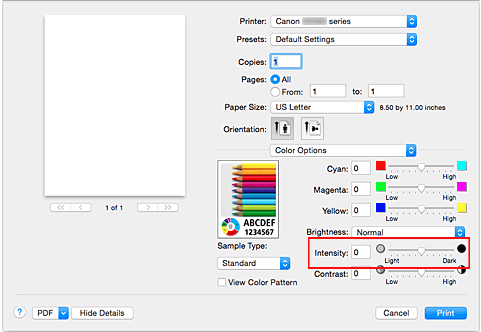 figur: Intensitet för Färgalternativ i dialogrutan Skriv ut