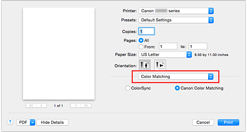 الشكل: تطابق الألوان في مربع الحوار طباعة