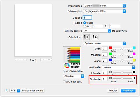 figure&nbsp;: Contraste des options de couleur dans la boîte de dialogue Imprimer