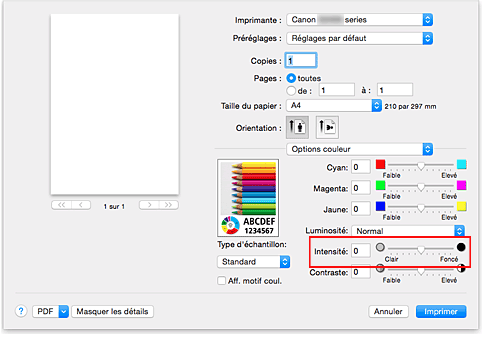 figure&nbsp;: Intensité des options de couleur dans la boîte de dialogue Imprimer