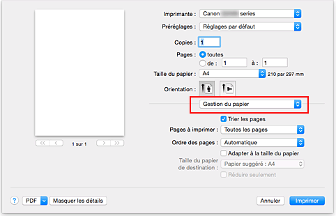 figure&nbsp;:&nbsp;Gestion du papier dans la boîte de dialogue Imprimer