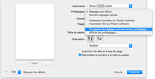 figure&nbsp;: Sélectionnez Enregistrer les paramètres actuels comme préréglages... dans les Préréglages de la boîte de dialogue Imprimer
