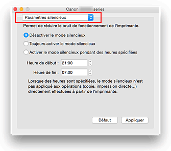 figure&nbsp;: Paramètres silencieux du Canon IJ Printer Utility